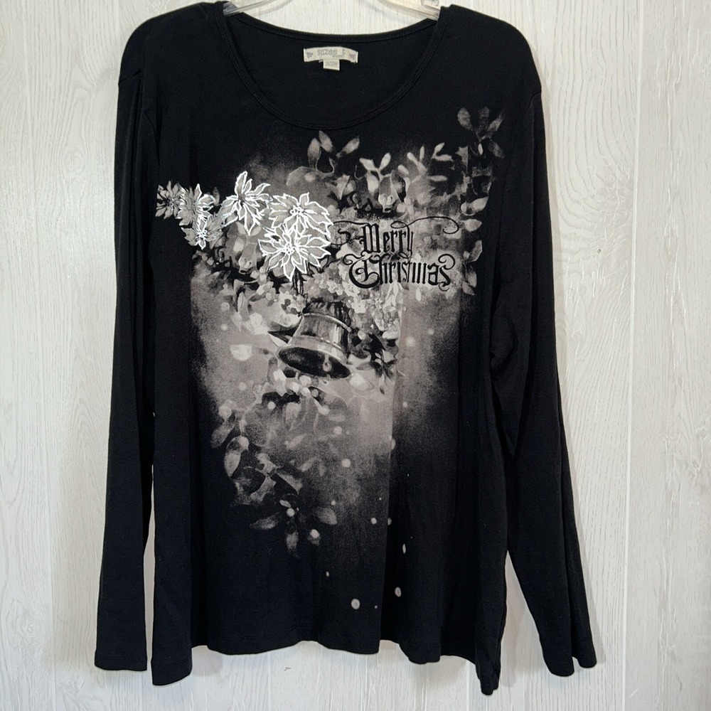 Suzee‎ T Black Silver Merry Christmas Bell Pointsetta T Shirt